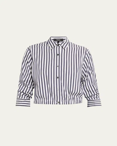 Theory Stripe Cropped Button-front Shirt In Gray