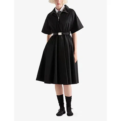 Prada Nylon Dress With Belted Waist And Flared Skirt In Blue