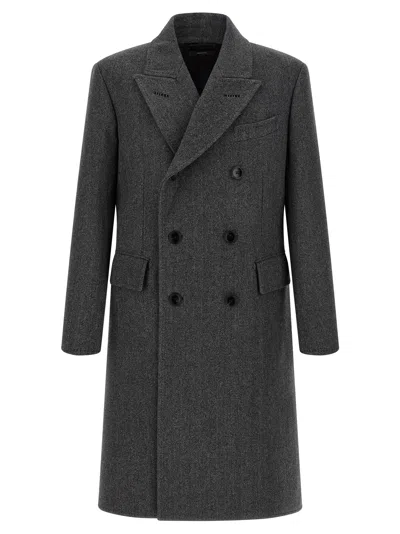Tom Ford Mens Dark Grey Black Herringbone Double-breasted Wool Coat In Gray