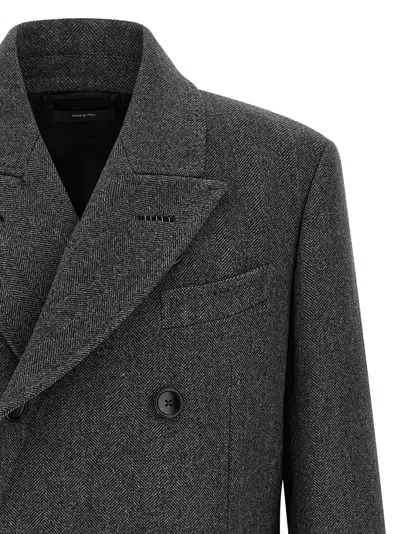 Tom Ford Mens Dark Grey Black Herringbone Double-breasted Wool Coat In Gray