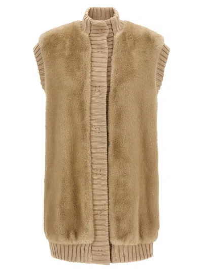 Pinko 'genovese' Beige Sleeveless Vest With High Neck And Ribbed Details  In Ecofur Woman In Neutral