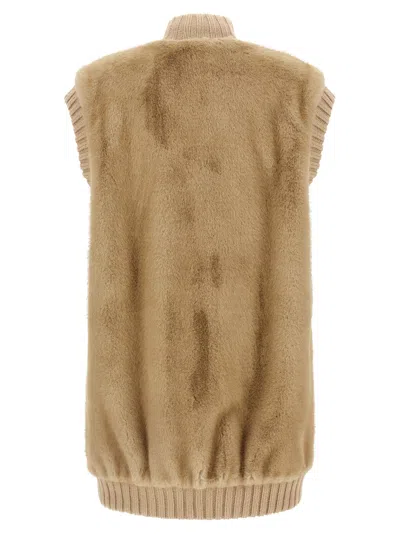 Pinko 'genovese' Beige Sleeveless Vest With High Neck And Ribbed Details  In Ecofur Woman In Neutral