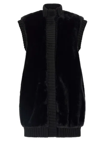 Pinko Genovese Black Sleeveless Vest With High Neck And Ribbed Details In Ecofur Woman In Black