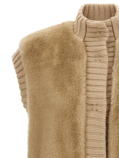 Pinko 'genovese' Beige Sleeveless Vest With High Neck And Ribbed Details  In Ecofur Woman In Neutral
