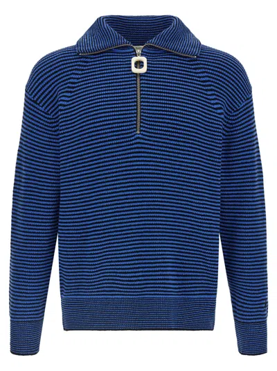 Jw Anderson Blue Sweater With Half Zip Closure On The Front In Cotton Piquet Man In Blue