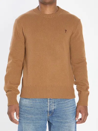 Ami Alexandre Mattiussi Ami De Coeur Sweater In Extrafine Wool And Silk In Brown