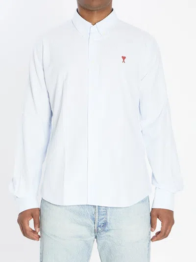 Ami Alexandre Mattiussi Adc Button-down Collar Logo-embroidered Striped Cotton Oxford Shirt In Blue