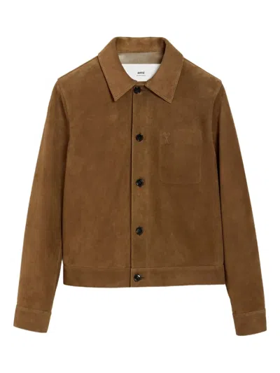 Ami Alexandre Mattiussi Mens Noisette Pointed-collar Embossed-logo Leather Jacket In Black