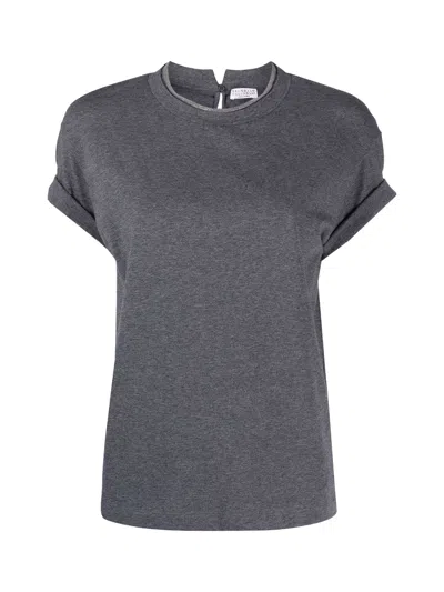 Brunello Cucinelli Rolled Crew Neck Keyhole Back Top In Gray