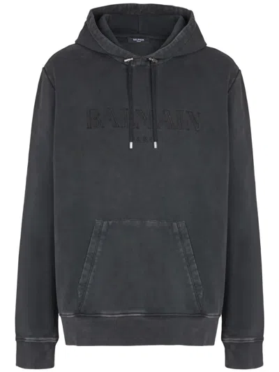 Balmain Logo-embroidered Cotton-jersey Hoodie In Gray