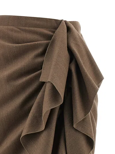 Fabiana Filippi Pinstriped Virgin Wool Midi Skirt With Draping In Brown