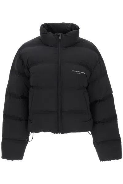 Alexander Wang Cropped Black Puffer Jacket With Jacquard Channel Design And Reflective Logo In Black