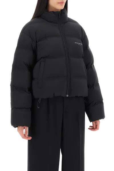 Alexander Wang Cropped Black Puffer Jacket With Jacquard Channel Design And Reflective Logo In Black