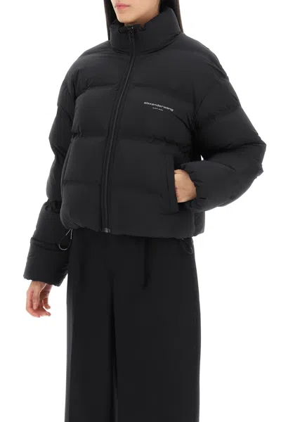 Alexander Wang Cropped Black Puffer Jacket With Jacquard Channel Design And Reflective Logo In Black