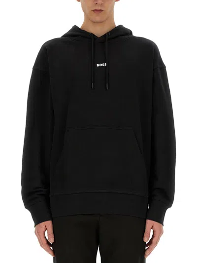 Hugo Boss Cotton-terry Hoodie With Contrast Logo In Black