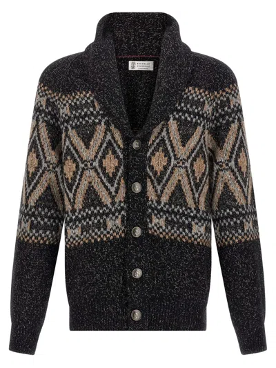Brunello Cucinelli Wool Shawl Collar Cardigan In Black