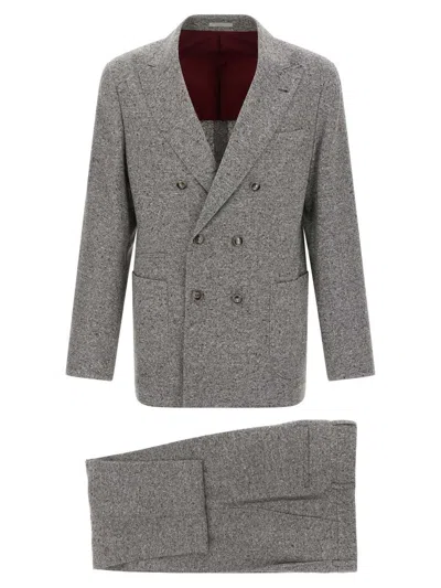 Brunello Cucinelli Tailored Suit Set Double-breasted Jacket In Gray