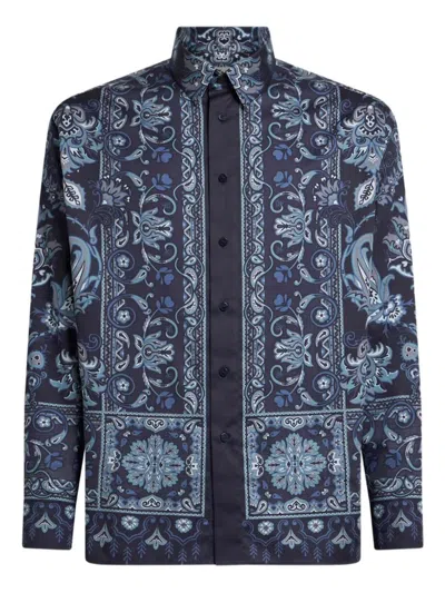 Etro Printed Cotton Shirt In Blue