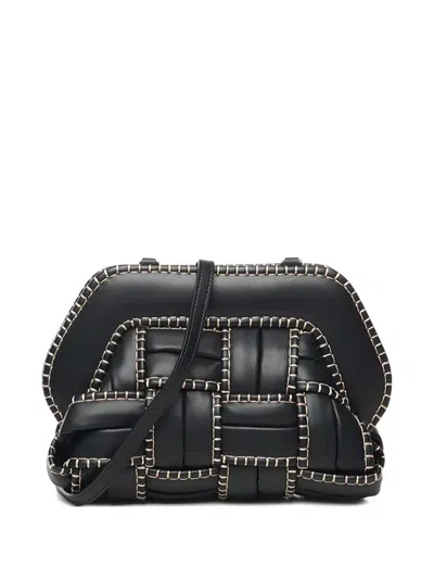 Themoirè Structured Woven Clutch With Beige Stitching In Black