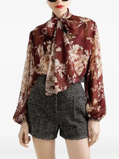 Dolce & Gabbana Chiffon Shirt With Rose Print In Brown