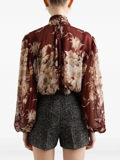 Dolce & Gabbana Chiffon Shirt With Rose Print In Brown