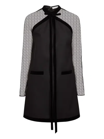 Nina Ricci Bow-detailed Velvet-trimmed Polka-dot Tulle And Wool-gabardine Mini Dress In Black