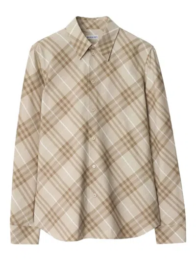 Burberry Women Beige Shirt With Pointed Collar And All-over Check Motif In Cotton Woman In Neutral