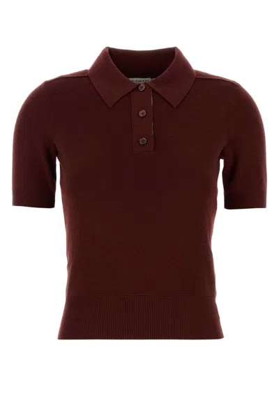Burberry Women Bordeaux Polo Shirt With Classic Collar And Ribbed Trims In Wool Woman In Brown