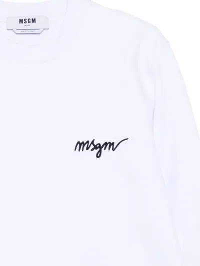 Msgm White Crewneck Sweatshirt With Script Logo In White