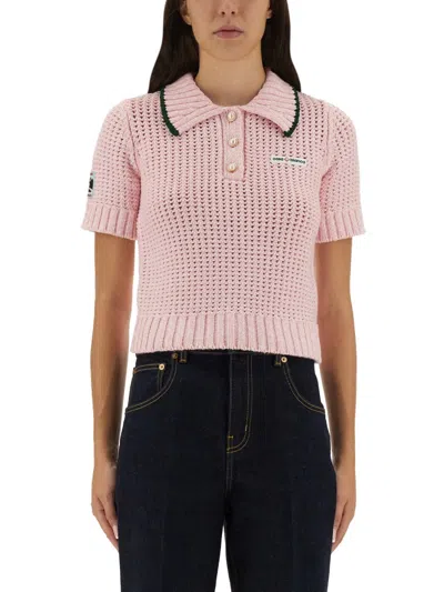 Casablanca Mouline Crochet-knit Cropped Polo In Pink