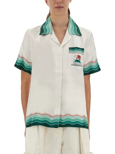 Casablanca White Montagne Ondulee Silk Short Sleeve Shirt In White