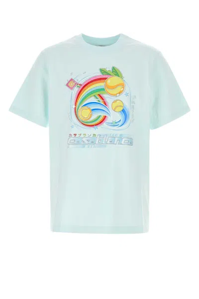 Casablanca Short-sleeved T-shirt In Light Blue Cotton With Graphic Print In Blue