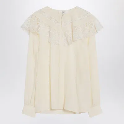 Chloé Lace Yoke Crepe Blouse In Brown