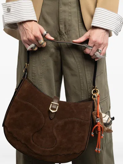 Zadig & Voltaire Suede Curved Shoulder Bag In Brown