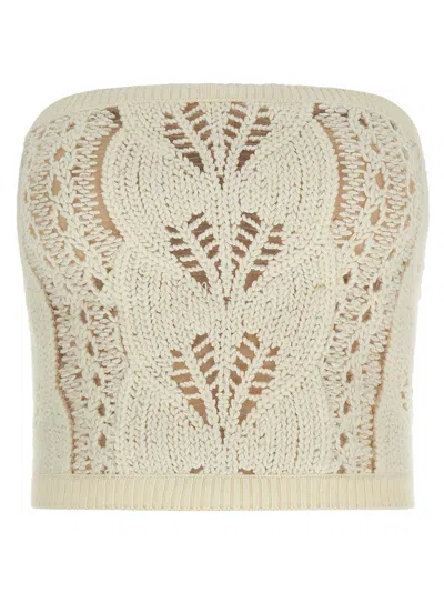 Ermanno Scervino Strapless Cropped Knit Top With Sheer Accents In White