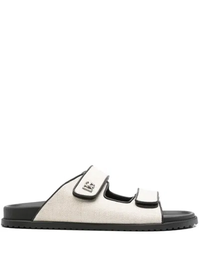 Dolce & Gabbana Canvas Slides With Two Straps In Neutral