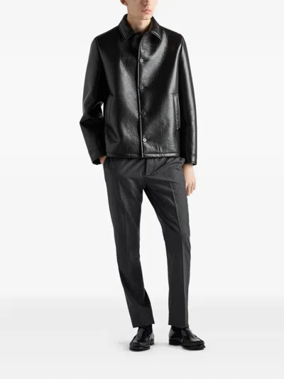 Prada Textured Leather Caban Style Jacket In Black