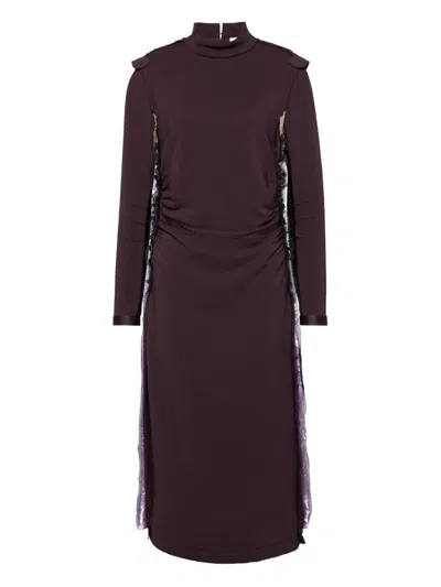 Maison Margiela High Neck Layered Midi Dress With Long Sleeves In Brown