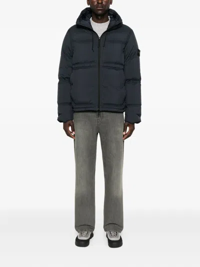 Stone Island Blue Down Jacket With Drawstring Hood And Logo Patch On The Sleeve In Tech Fabric Man In Black