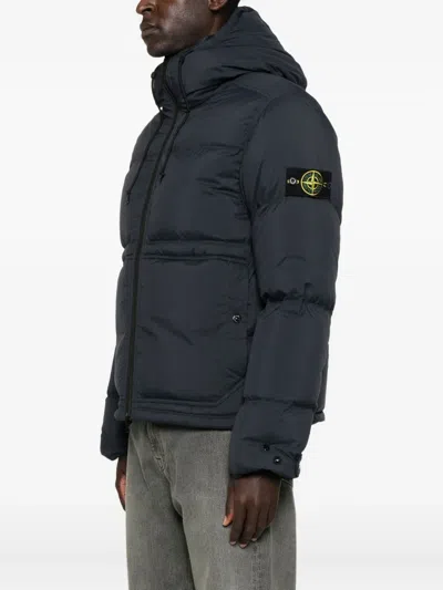Stone Island Blue Down Jacket With Drawstring Hood And Logo Patch On The Sleeve In Tech Fabric Man In Black
