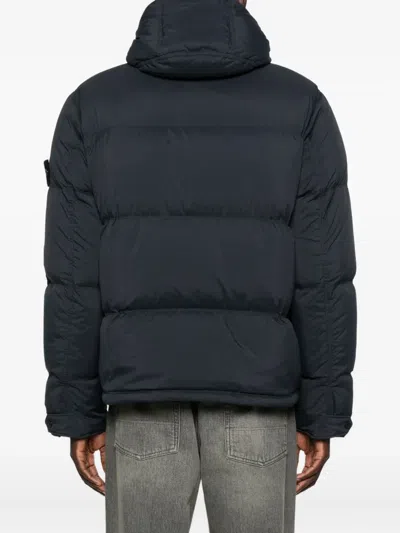Stone Island Blue Down Jacket With Drawstring Hood And Logo Patch On The Sleeve In Tech Fabric Man In Black