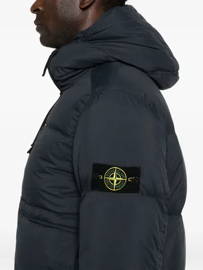 Stone Island Blue Down Jacket With Drawstring Hood And Logo Patch On The Sleeve In Tech Fabric Man In Black
