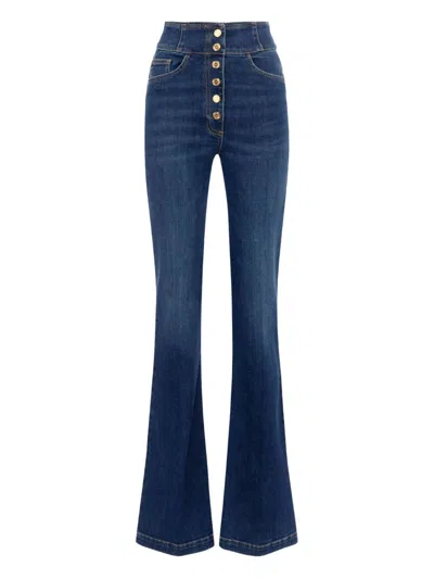 Elisabetta Franchi High-waisted Flared Leg Trousers With Button Detailing In Blue