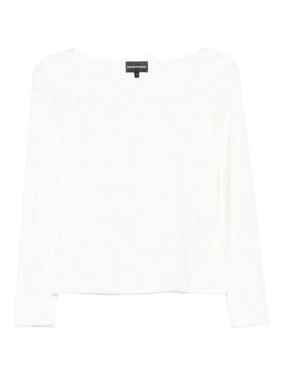 Emporio Armani Boat-neck Jumper Textured Fabric Long Sleeves In White