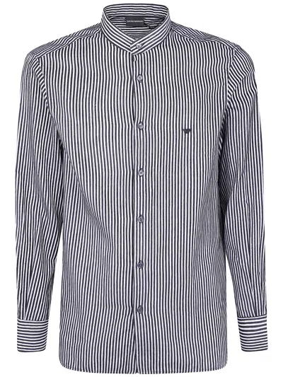 Emporio Armani Striped Mandarin-collar Shirt In Gray
