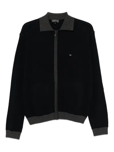 Emporio Armani Blue Ribbed-trimmed Zip-up Cardigan In Multi