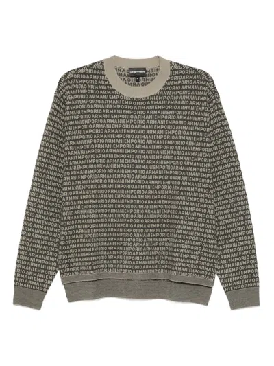 Emporio Armani Wool Crewneck Jumper With Ribbed Cuffs In Multi