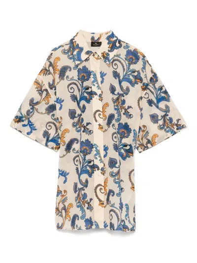 Etro Floral-print Short Sleeved Cotton Shirt In Multi