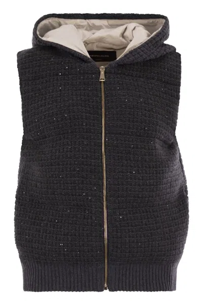 Fabiana Filippi Short Hooded Vest With Textured Knit And Zipper Closure In Black