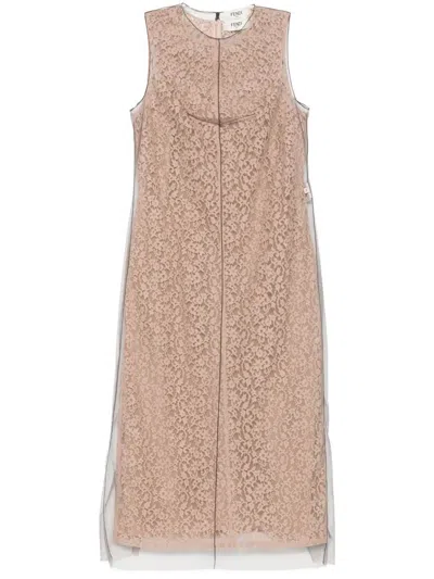 Fendi Women Beige Sleeveless Crewneck Dress With Floral Embroidery In Lace Woman In Neutral